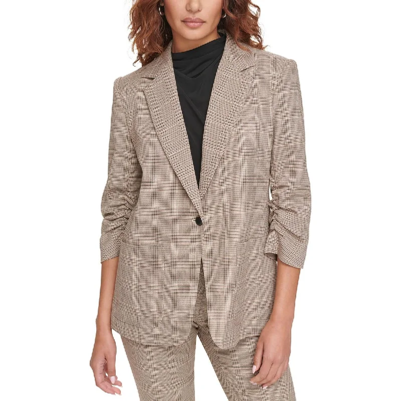 Calvin Klein Womens Petites Houndstooth Ruched One-Button Blazer Youthful Women's Pop