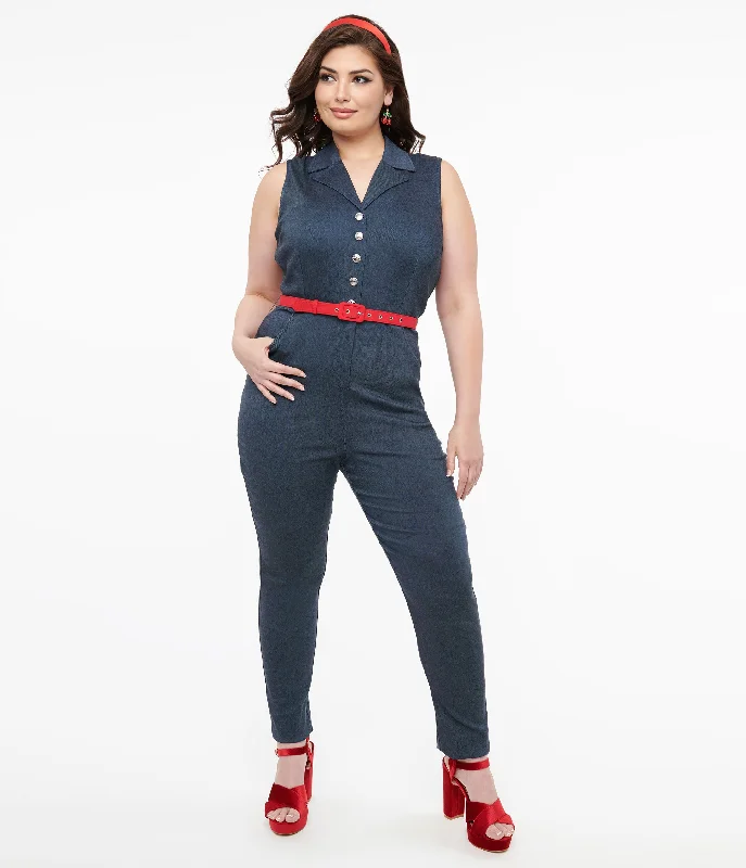 Unique Vintage Plus Size Blue Denim & Red Belt Skinny Jumpsuit Refined Women's Velvet