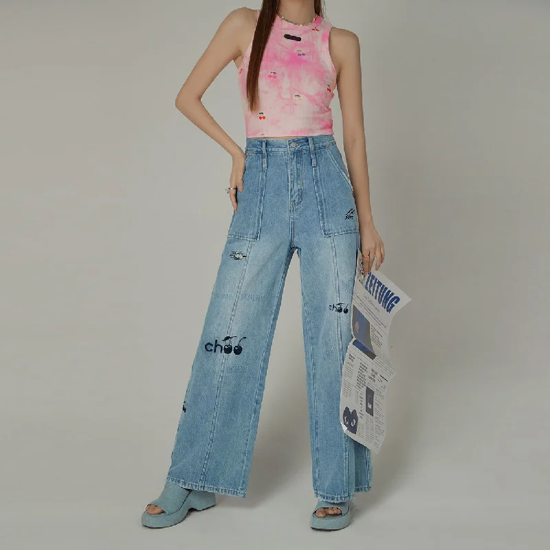 Cherry Letter Embroidered Wide Leg Straight Denim Jeans Feminine Women's Soft 