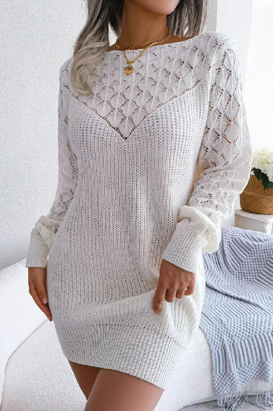 Comfy Long Sleeve Pointelle Crochet Knit Winter Sweater Mini Dress - White Vintage Women's 1970S Comfy Long Sleeve Pointelle Crochet Knit Winter Sweater Mini Dress - White Vintage Women's 1970S