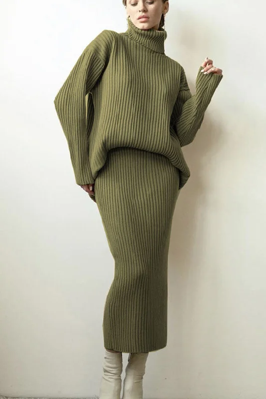 Luxury Winter Rib Knit Turtleneck Oversized Sweater Midi Two Piece Dress - Green Trendy Women's Oversized
