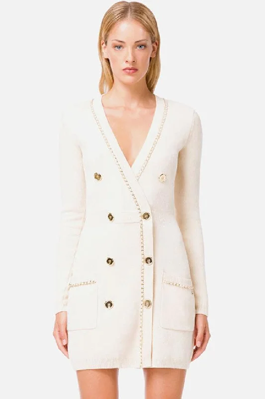Chained Deep V Long Sleeve Buttoned Sweater Mini Dress - Cream Casual Women's Japanese 