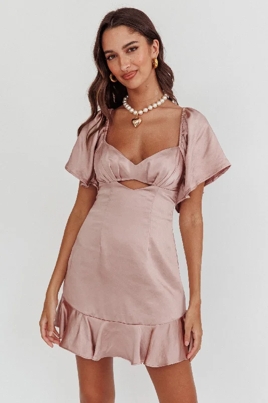 Eyes On You Pleated Bust Angel Sleeve Ruffle Hem Dress Blush Trendy Women's Oversized