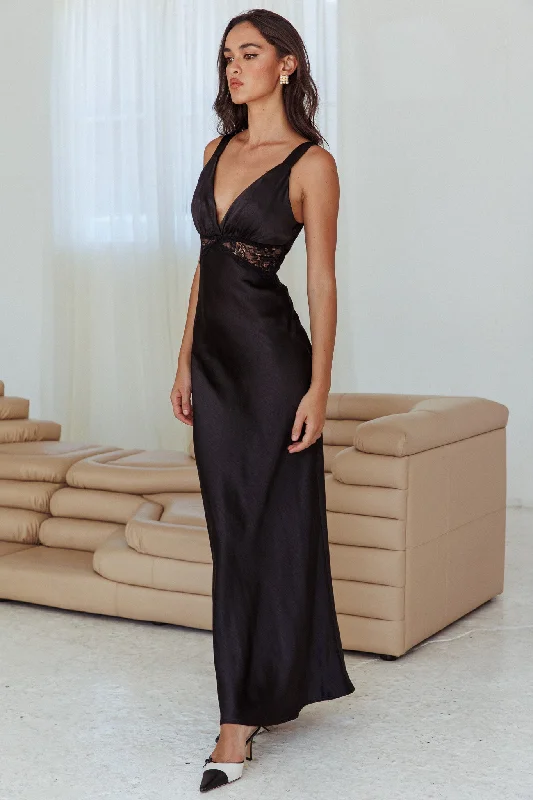 One Heart Lace Insert Maxi Dress Black Cool Women's Distressed