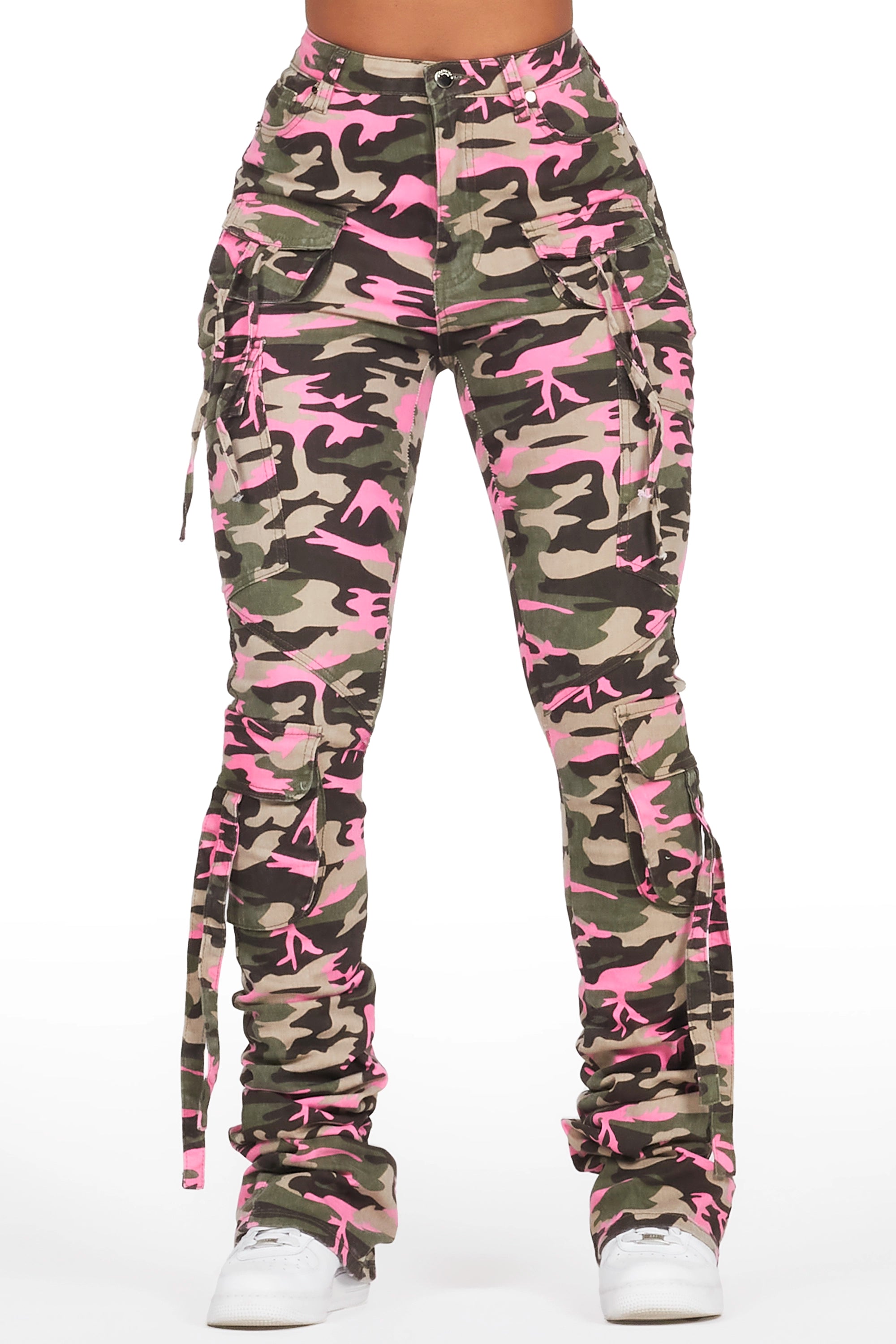 Rakesha Pink/Green Camo Cargo Super Stacked Jean Artistic Women's Hand - painted