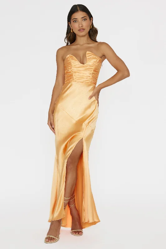 Blaise Asymmetric Neckline Maxi Dress Apricot Monochromatic Office Style
