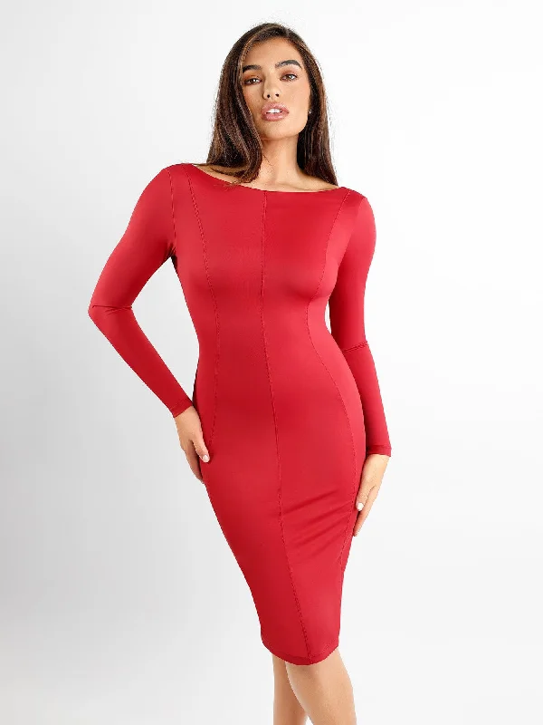 Shapewear Long Sleeve Boat Neck Sculpting Midi Dress Unique Women's Upcycled