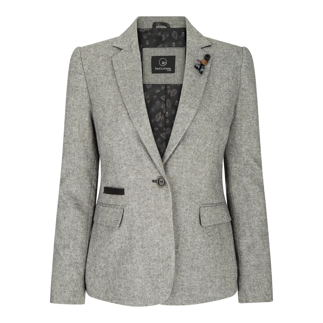 wsn03 - Women's Tweed Grey Blazer Jacket Waistcoat Elow Patch Peaky 1920s Dapper Women's Bow - adorned wsn03 - Women's Tweed Grey Blazer Jacket Waistcoat Elow Patch Peaky 1920s Dapper Women's Bow - adorned
