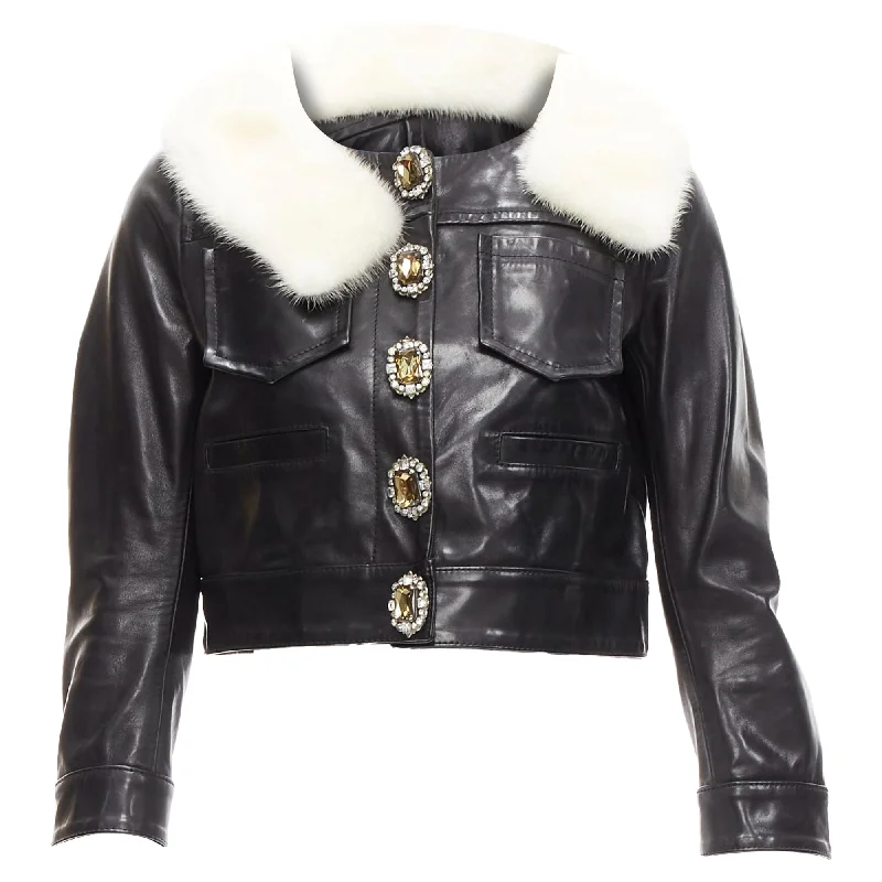 Dsquared2 asymmetric fur collar jewel button cropped leather jacket garde