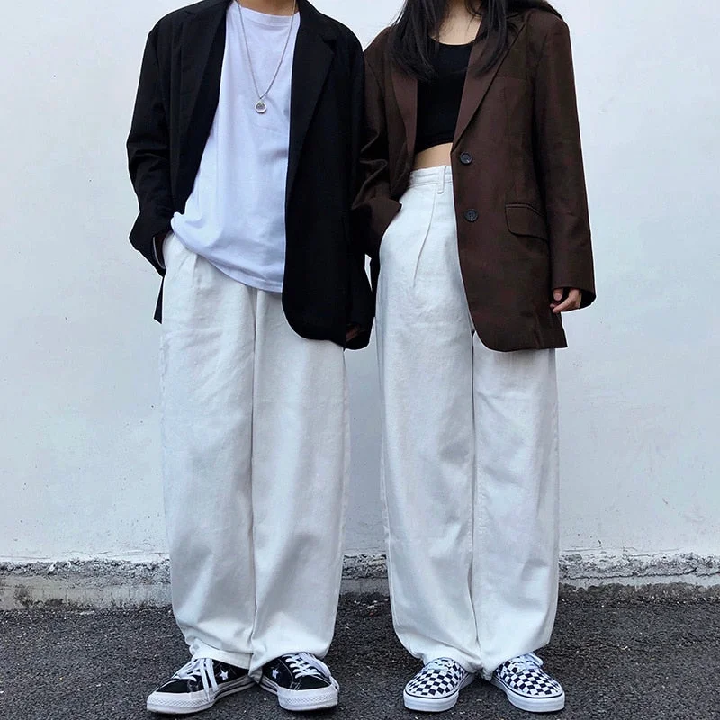 Unisex Hiphop Fashion White Loose Straight Streetwear Jeans Trousers Cozy Women's Winter
