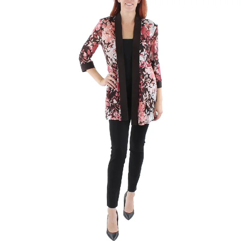 R&M Richards Womens Floral Print Midi Open-Front Blazer Scandinavian