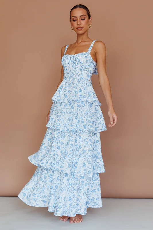 Provence Bloom Tiered Midi Dress Floral Blue Sleek Women's Metallic