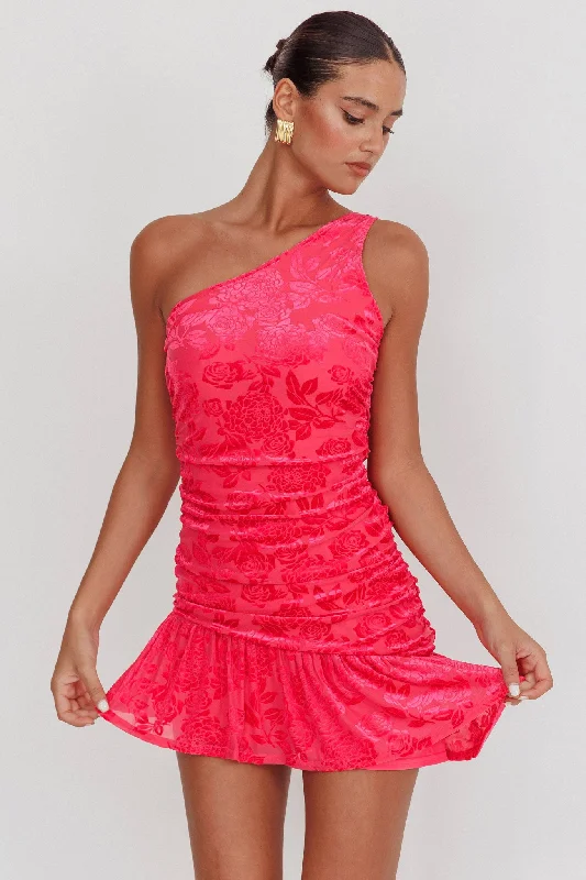Mystery Of Love One Shoulder Mini Dress Fuchsia Elegant Women's Formal 