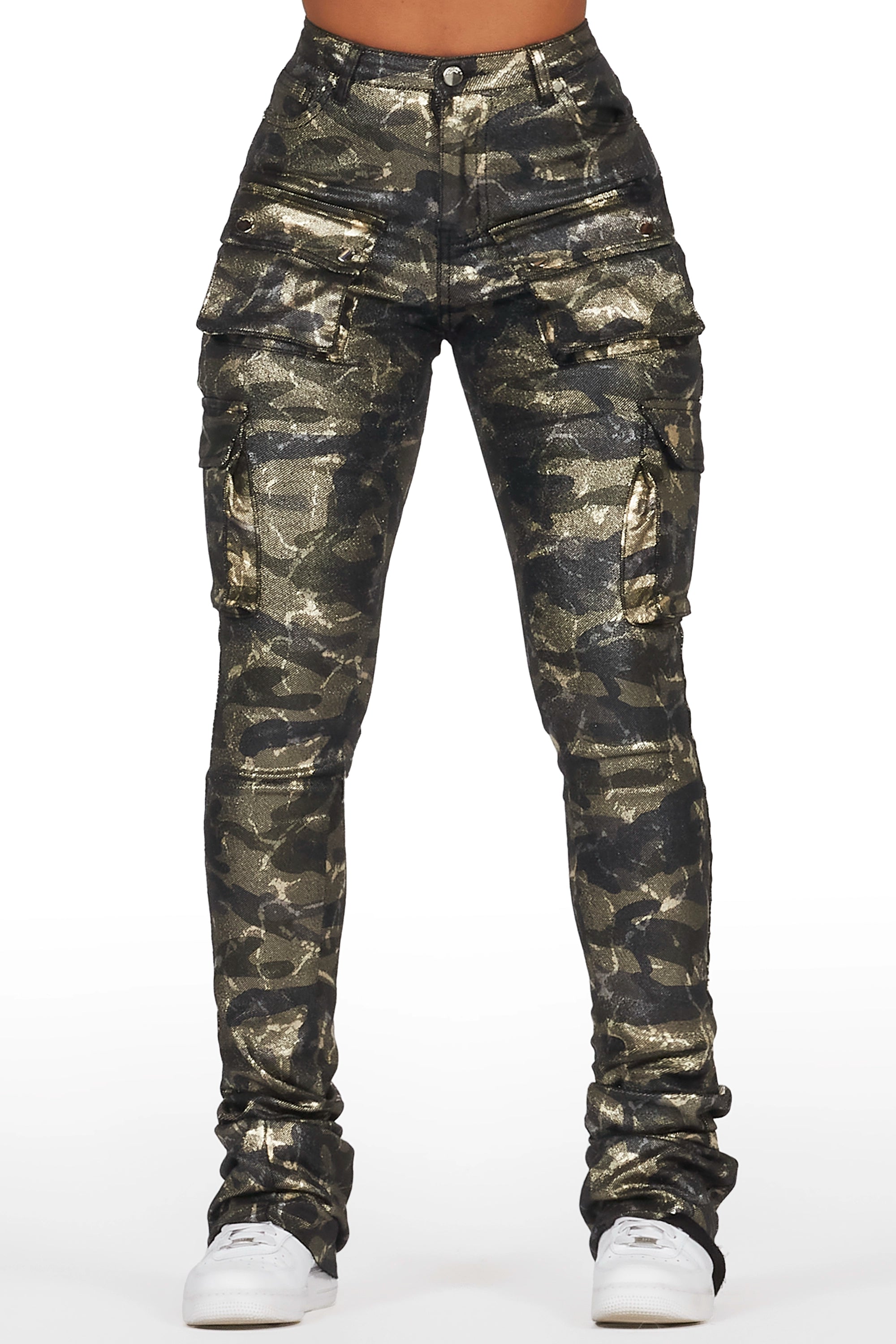Miyah Green Camo Cargo Super Stacked PU Pant Luxurious Women's High -  end