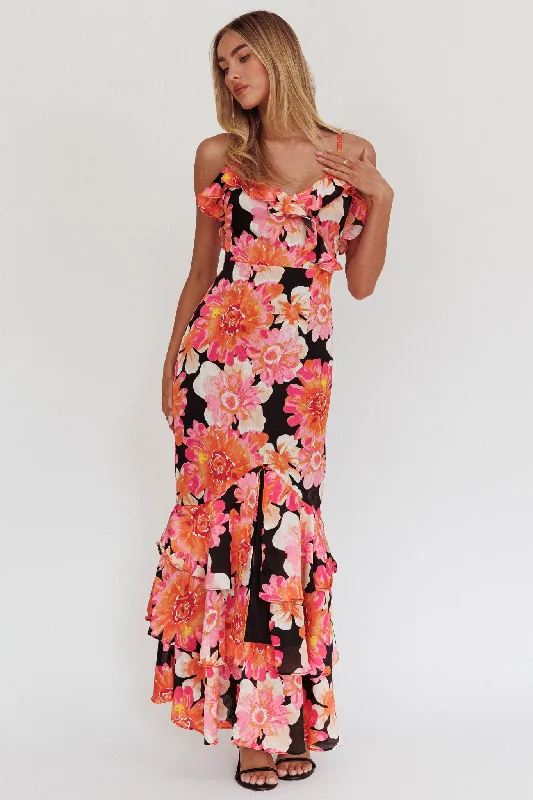 Silvana Frill Trim Maxi Dress Black/Pink Monochromatic Office Style