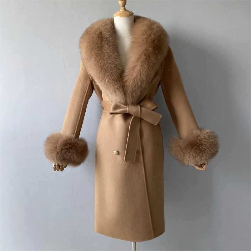 Women's Camel Brown Cashmere Wool Blends Real Fox Fur Collar Winter Jacket Sharp Women's Italian