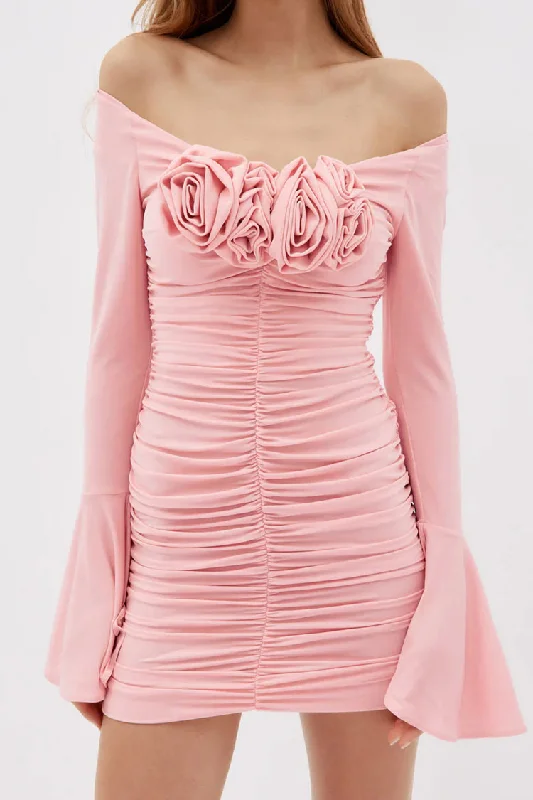 Sexy Rosette Corsage Off Shoulder Bell Sleeve Ruched Party Mini Dress - Pink Disco
