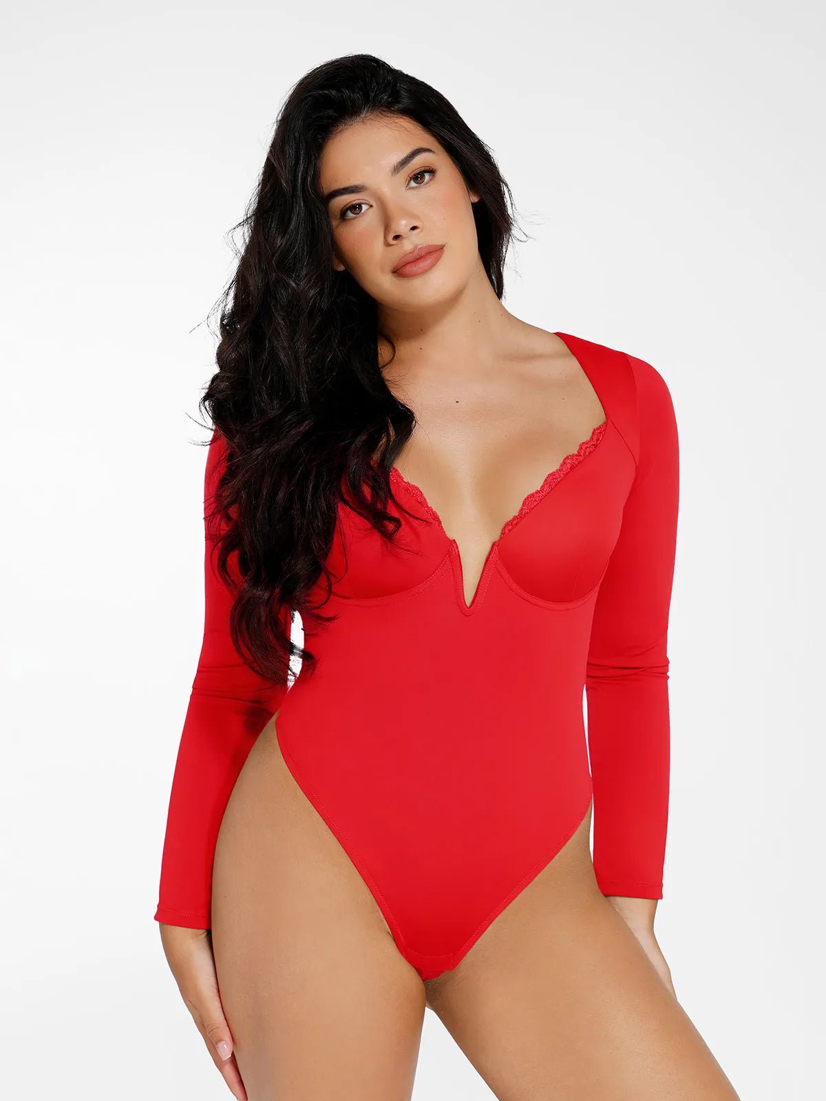 Shapewear Long Sleeve Lace Trim V-Neck Slimming Bodysuit French