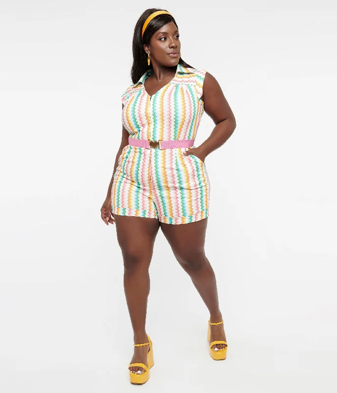 Smak Parlour Plus Size 1970s Rainbow Zig Zag Belted Romper Scandinavian