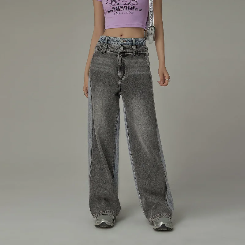 High Waist Colorblocked Double Button Illusion Straight Jeans Disco