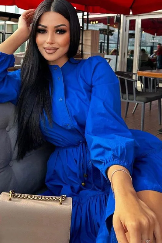 Elegant Button Down Bishop Sleeve A line Ruffle Shirt Mini Dress - Royal Blue Elegant Women's Formal Elegant Button Down Bishop Sleeve A line Ruffle Shirt Mini Dress - Royal Blue Elegant Women's Formal