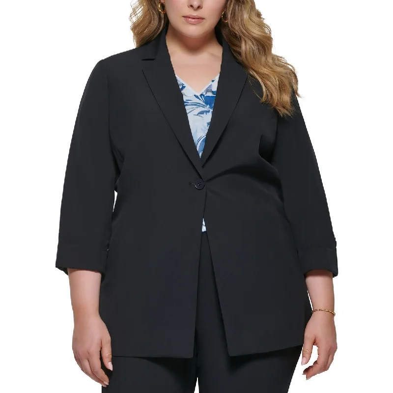 Calvin Klein Womens Plus Knit Roll-Tab One-Button Blazer Women