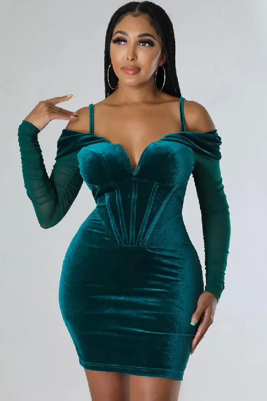 Sexy Deep V Sheer Sleeve Velvet Bodycon Corset Party Mini Dress - Emerald Green Sophisticated Women's Tailored