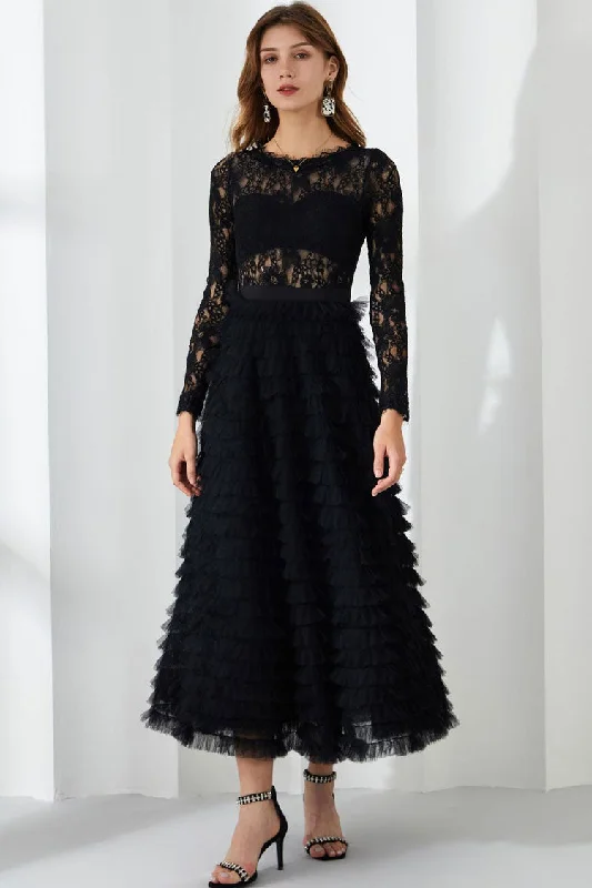 Chic Eyelash Lace Long Sleeve Tiered Ruffle Tulle Evening Maxi Dress - Black Sleek Women's 