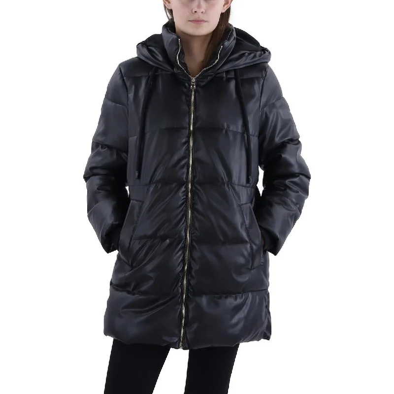 Stella + Lorenzo Womens Faux Leather Short Puffer Jacket Geometric