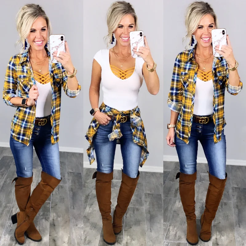 Penny Plaid Flannel Top - Mustard/Navy Earthy Women's 