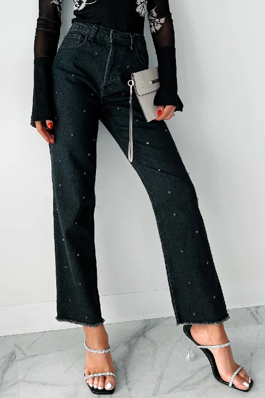 Always Relevant Embellished Straight Leg Jeans (Washed Black) Casual Women's Loose - fitting