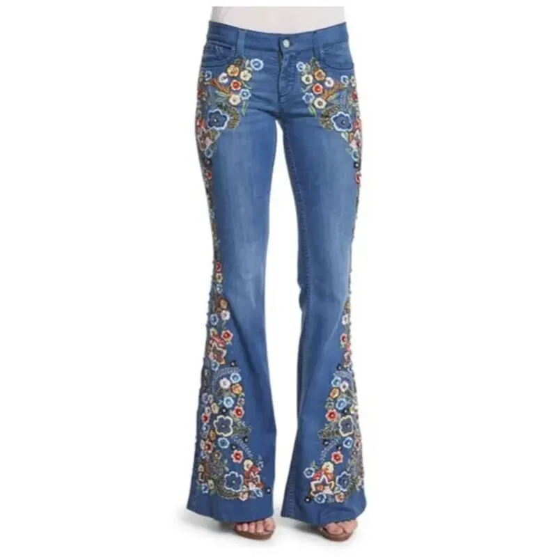 Women's High Street Fashion Floral Embroidery Multicolor Denim Flare Pants Hip Women's Retro
