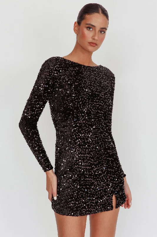 Demure Long Sleeve Open Back Dress Sequin Black Hip Women's Urban