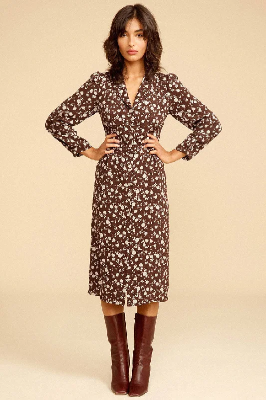 Floral Print Long Sleeve Button Up French Shirt Midi Dress - Coffee Modern Women's Tech