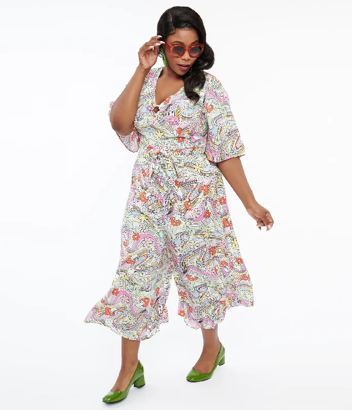 Hell Bunny Plus Size 1960s Pastel Rainbow Hazy Daze Floral Jumpsuit Hip Women's Urban