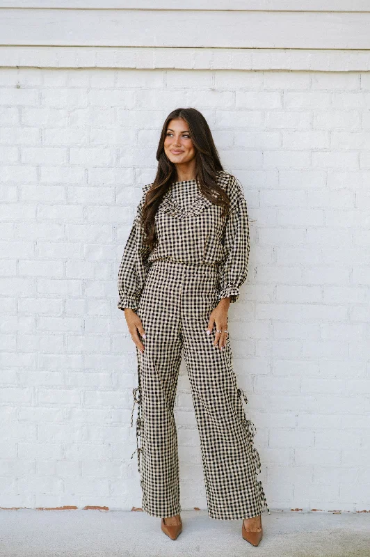 Gingham Pants Set-Beige Bold Women's Statement