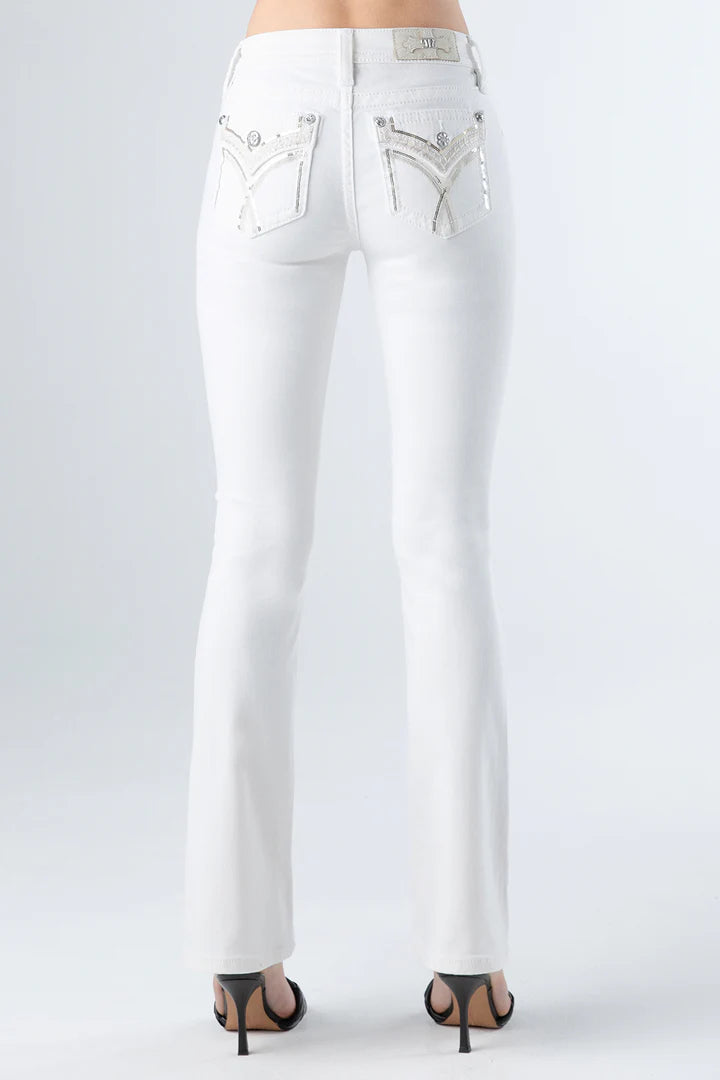 Miss Me Women's Mid Rise Boot Cut Jean, White Vacation
