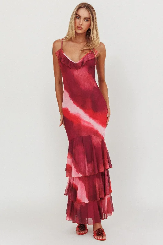 Oskar Tiered Ruffle Hem Mermaid Maxi Dress Pink Laid - back Women's Vibe