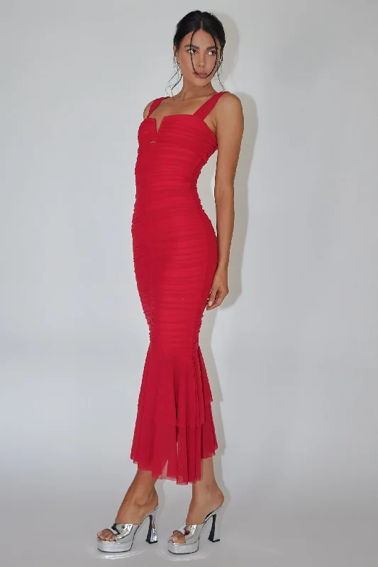 Nadia Ruched Fishtail Maxi Dress Red Youthful Women's Pop