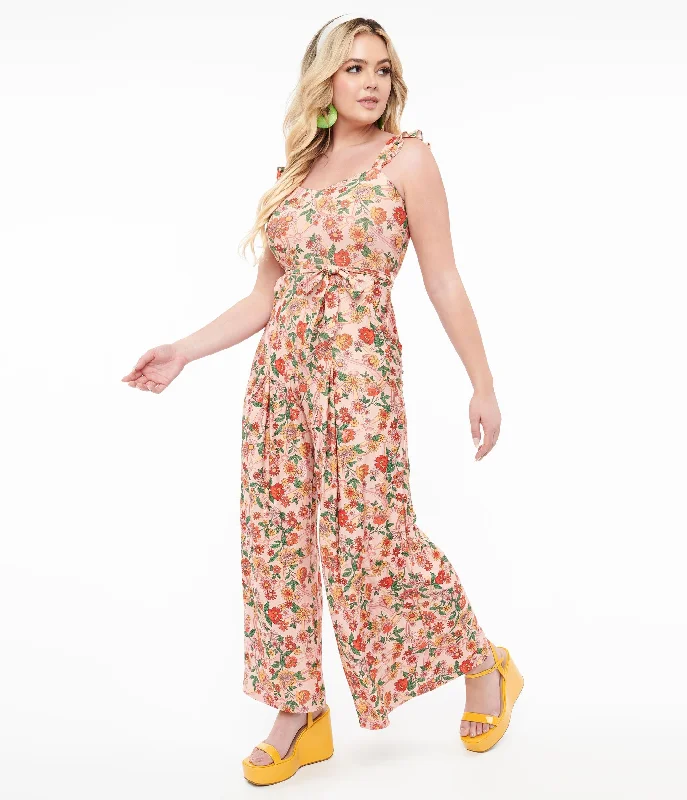 Voodoo Vixen 1970s Pink Rainbow Floral Print Jumpsuit Vacation