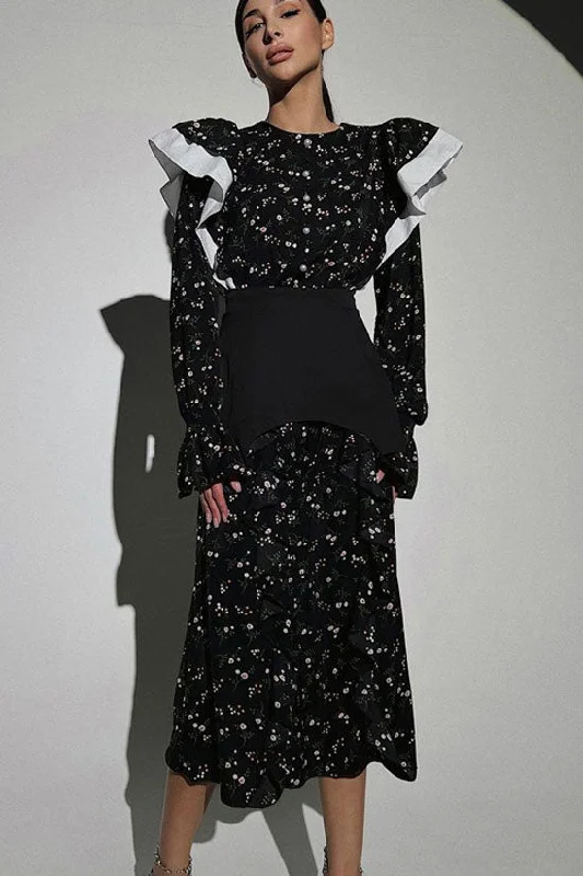 Pretty Crew Neck Ruffle Long Sleeve Belted Floral Printed Midi Dress - Black Business