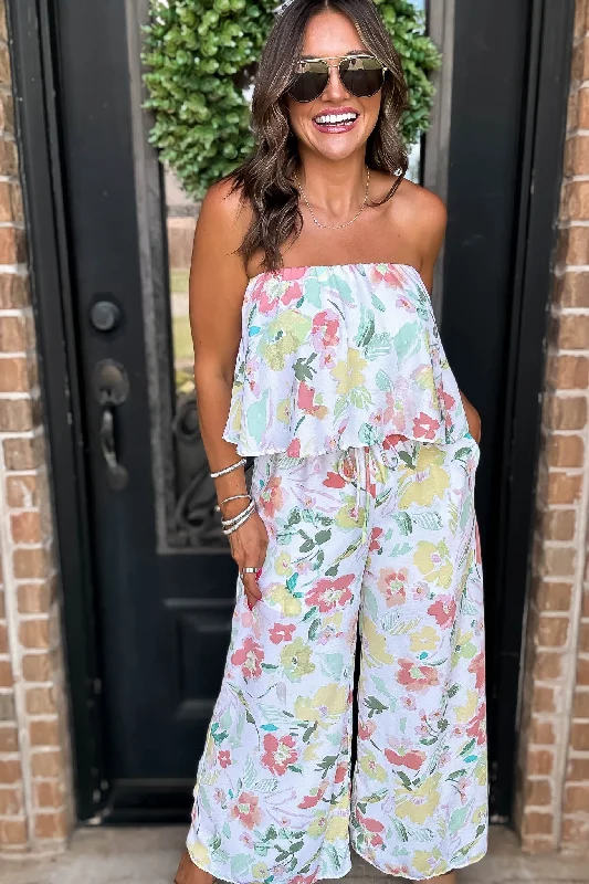 Fresh Beginnings Ivory Multi Print Strapless Jumpsuit performance
