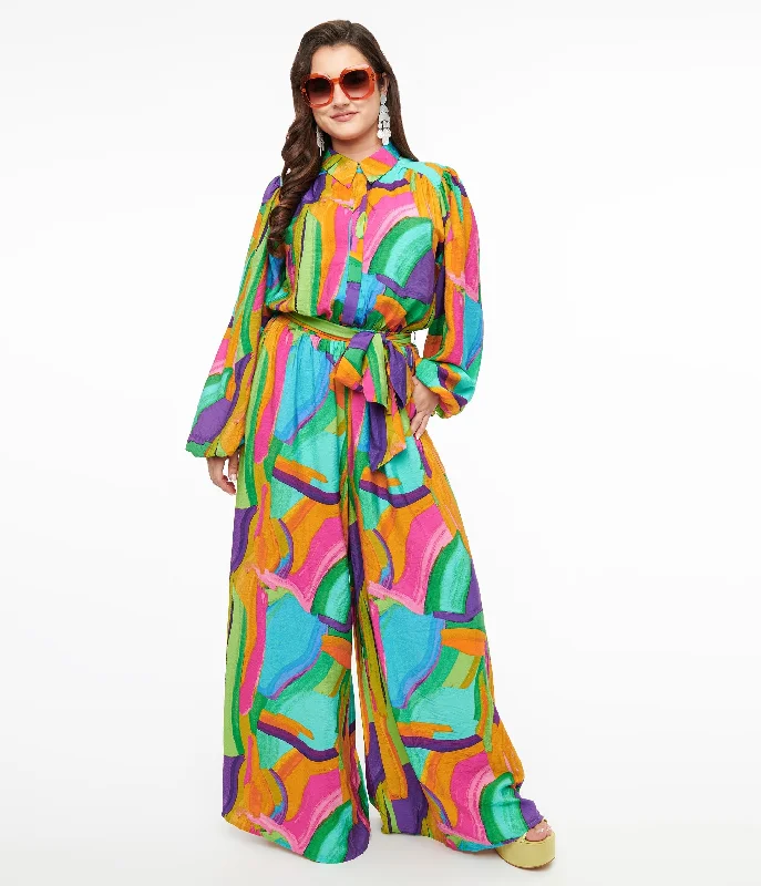 1970s Rainbow Geometric Long Sleeve Jumpsuit Relaxed Women's 