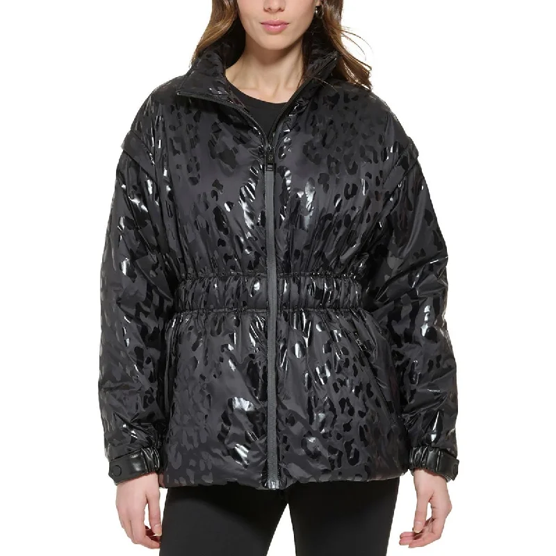DKNY Womens Stand Collar Animal Print Puffer Jacket Adventure
