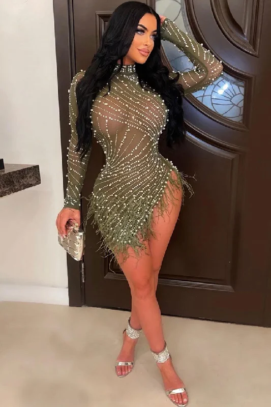 Sparkly Crystal High Neck Sheer Mesh Bodycon Feather Party Mini Dress - Green Refined Women's Hand - crafted