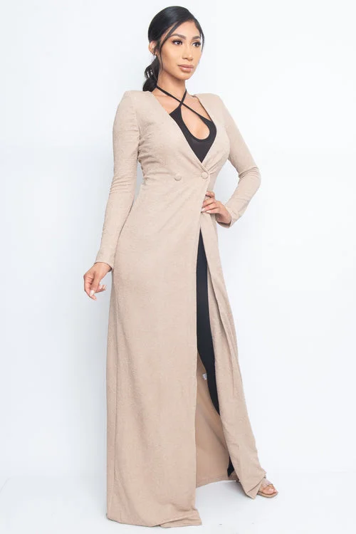 'Maxi Mogul' Long Sleeve Plunge V Neck Double Breasted Long Style Duster/ Blazer with Back Split (BE70065) Compression 'Maxi Mogul' Long Sleeve Plunge V Neck Double Breasted Long Style Duster/ Blazer with Back Split (BE70065) Compression