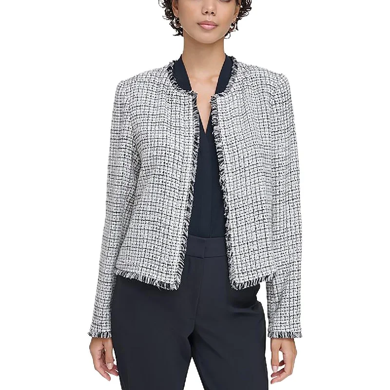 Calvin Klein Womens Tweed Fringe Open-Front Blazer Earthy Women's Hemp - based