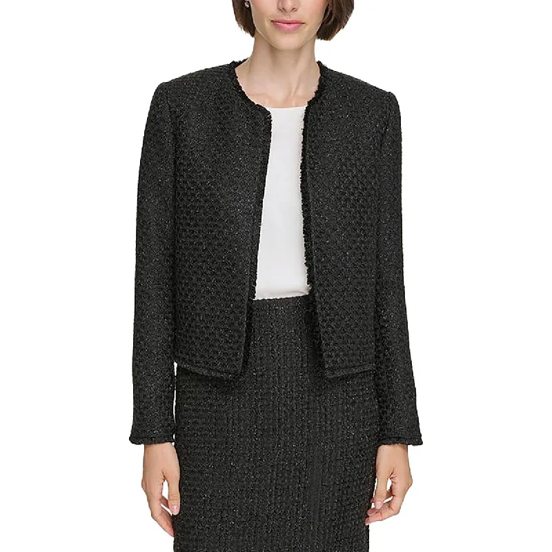 Calvin Klein Womens Tweed Fringe Open-Front Blazer British Gentlewoman Style