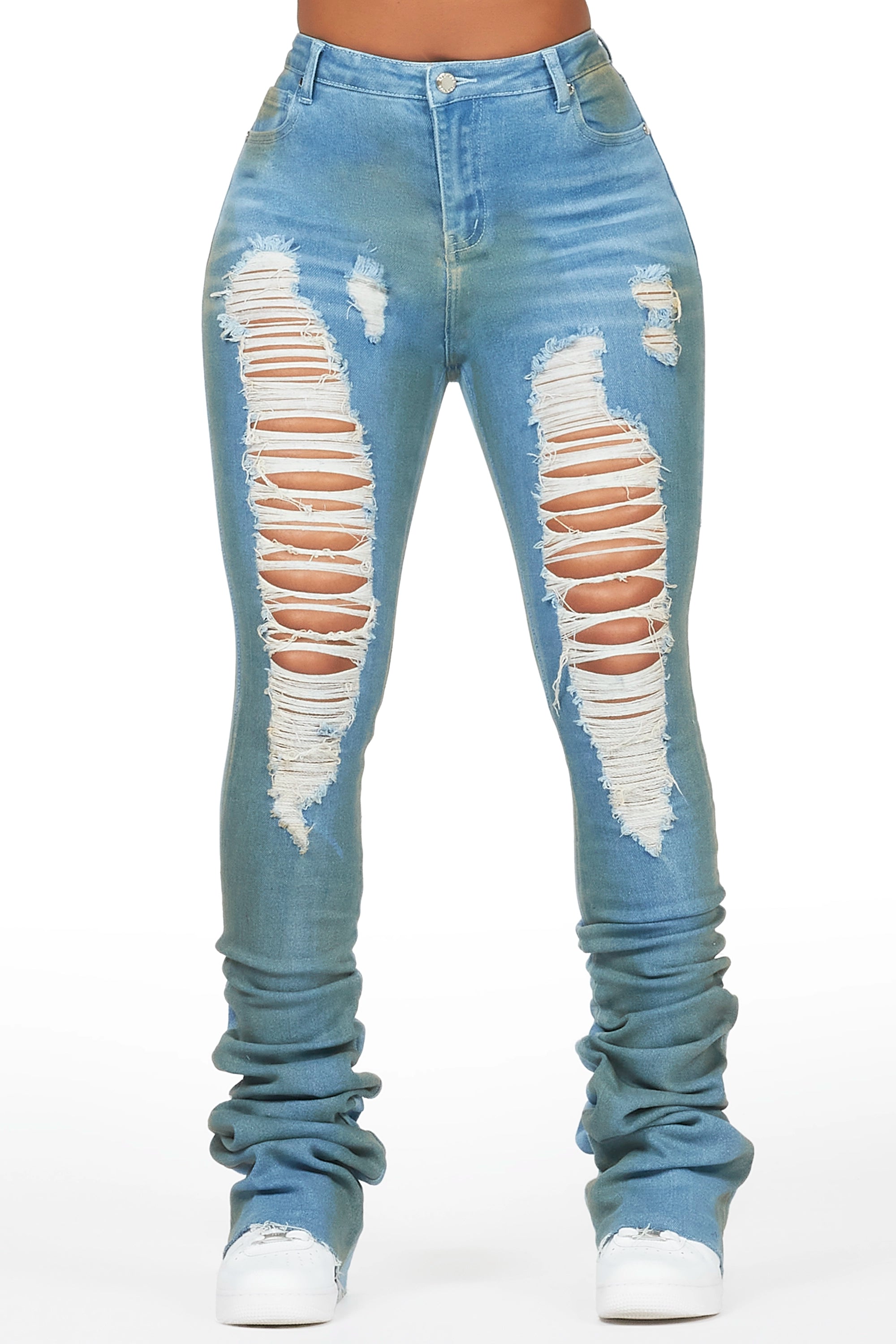 Yours Truly Dirty Blue Bleached Wash Distressed Super Stacked Jean Practical Women's Multi - 