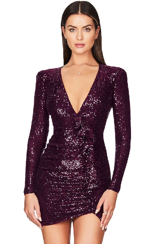 Sparkly Galaxy Long Sleeve Ruffle Deep V Sequin Mini Dress - Burgundy Minimalist Women's Casual